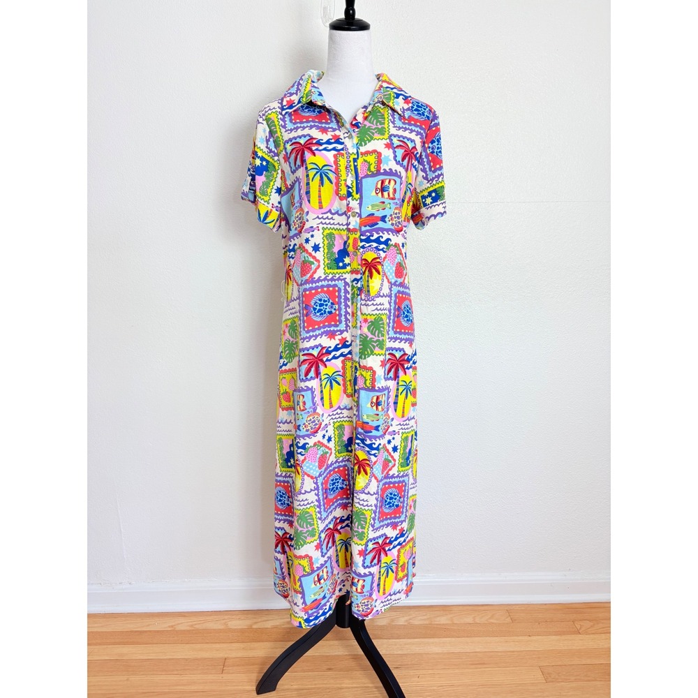 Adrienne Vittadini Tropical Fish & Fruit Print Button Up Maxi Dress Size Large